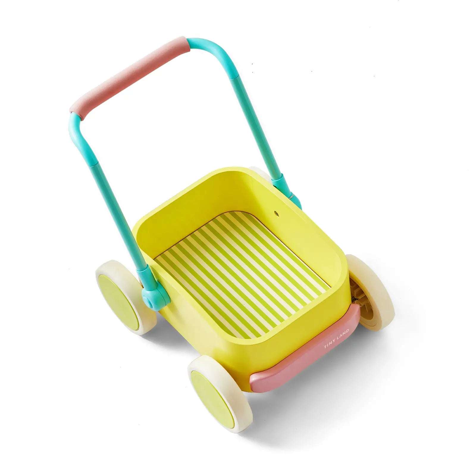 The Test Tiny Land® JoyRide Baby Walker with Blocks - Spring Color features a yellow body, teal and pink handle, white wheels, striped green-and-white interior, adjustable speed control, and is designed for children.