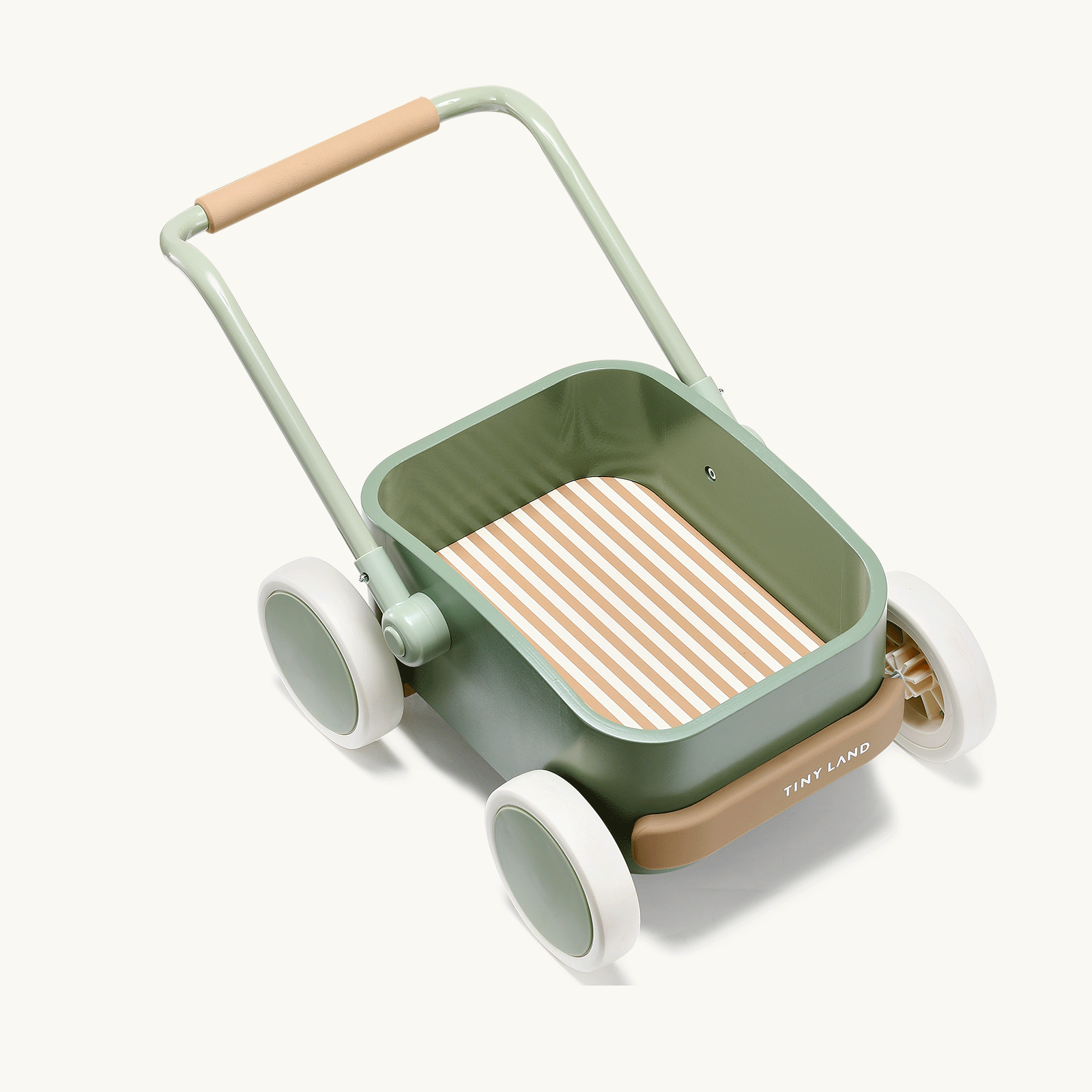 The Test Tiny Land® JoyRide Baby Walker with Blocks - Sage features a green and beige design, four white wheels, a tan handle, striped interior, and branding on the front—an attractive choice for little walkers.