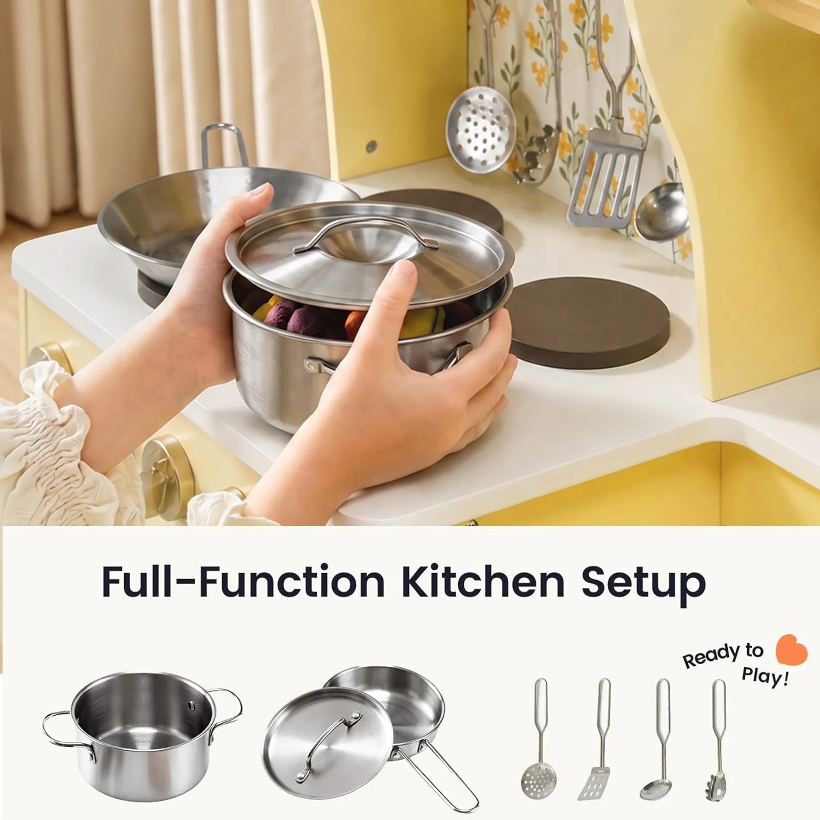 A child’s hands hold a metal pot with lid in the Tiny Land® Wooden Play Kitchen with Storage for Creative Toddlers. Below, labeled images display a pot, lid, colander, and utensils alongside the text “Full-Function Kitchen Setup and Ready to Play!” This multifunctional storage play kitchen from Tiny Land includes pretend cookware for endless imaginative fun.|Pale Yellow
