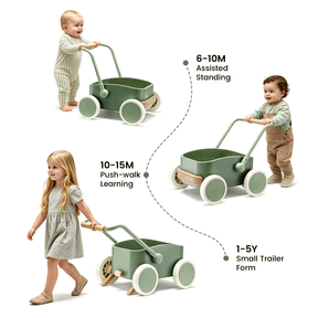 Four children interact with the Test Tiny Land® JoyRide Baby Walker with Blocks - Sage: a baby stands assisted (6-10M), a toddler uses it as a walker with adjustable speed (10-15M), and an older child pulls the wooden storage box trailer (1-5Y).