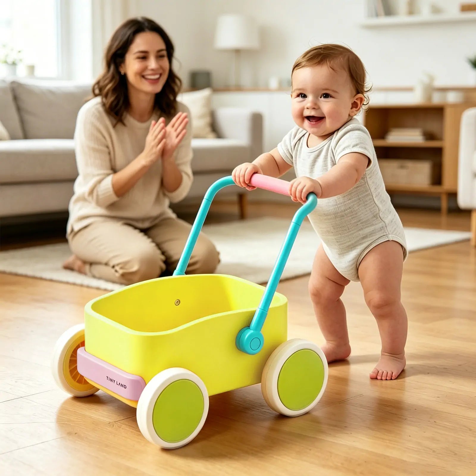 A smiling baby pushes a yellow and pink Tiny Land® 3-in-1 Wooden Baby Walker Wagon while a woman claps in the background.|Spring Color