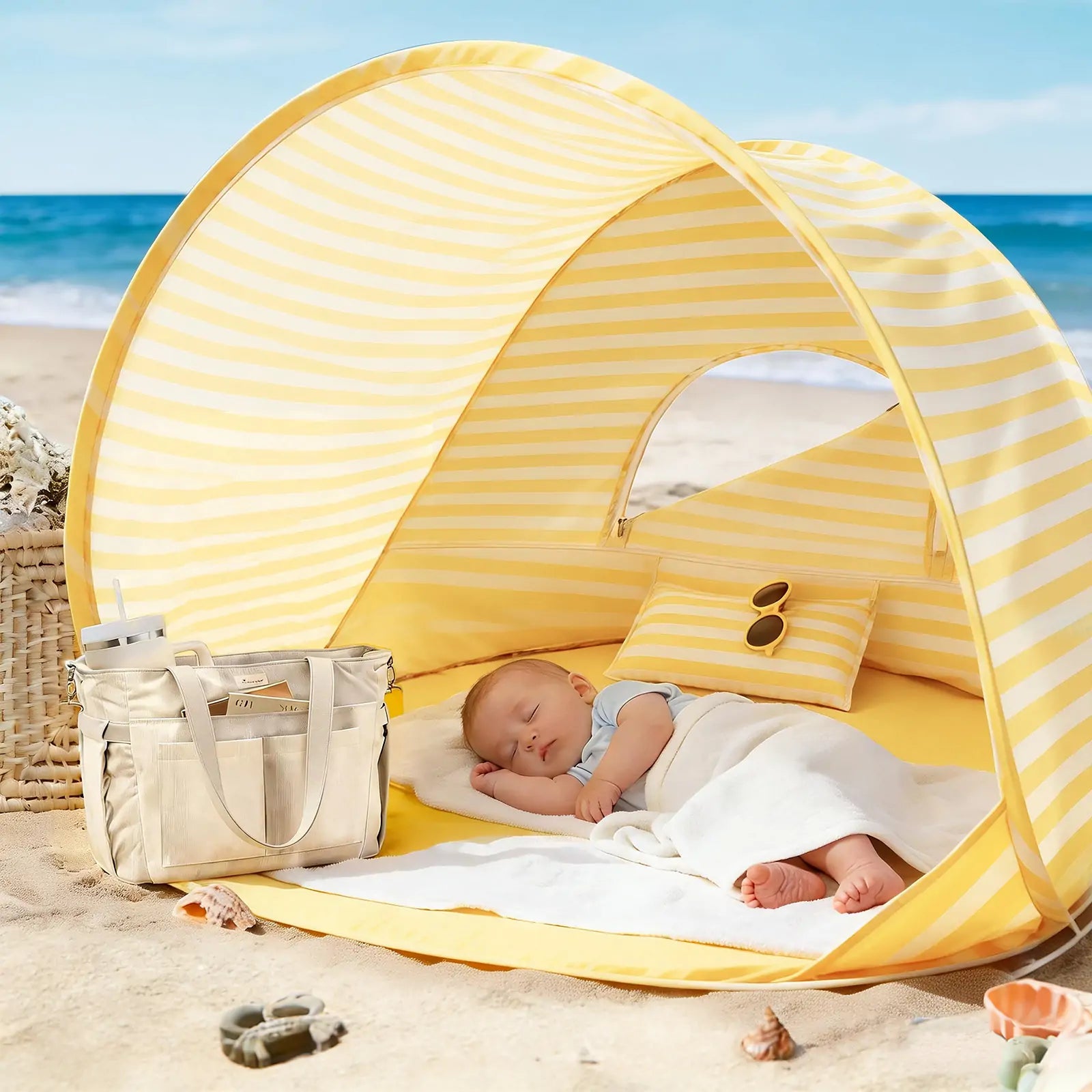 A baby naps on the sand under the Tiny Land® One-Stop Beach Toy & Tent Set in pastel yellow stripes, with a matching bag and sand play set close by; the ocean and blue sky create a stunning scene.