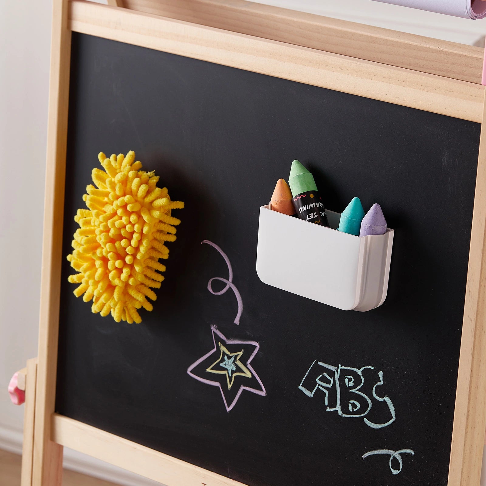 The Tiny Land® Magnitales Easel Art Kit by Tiny Land features a chalkboard easel with colorful chalk, a white holder, yellow duster, and fun ABC/stars drawings—great for kids’ art kits or pairing with your top whiteboard and chalkboard supplies.