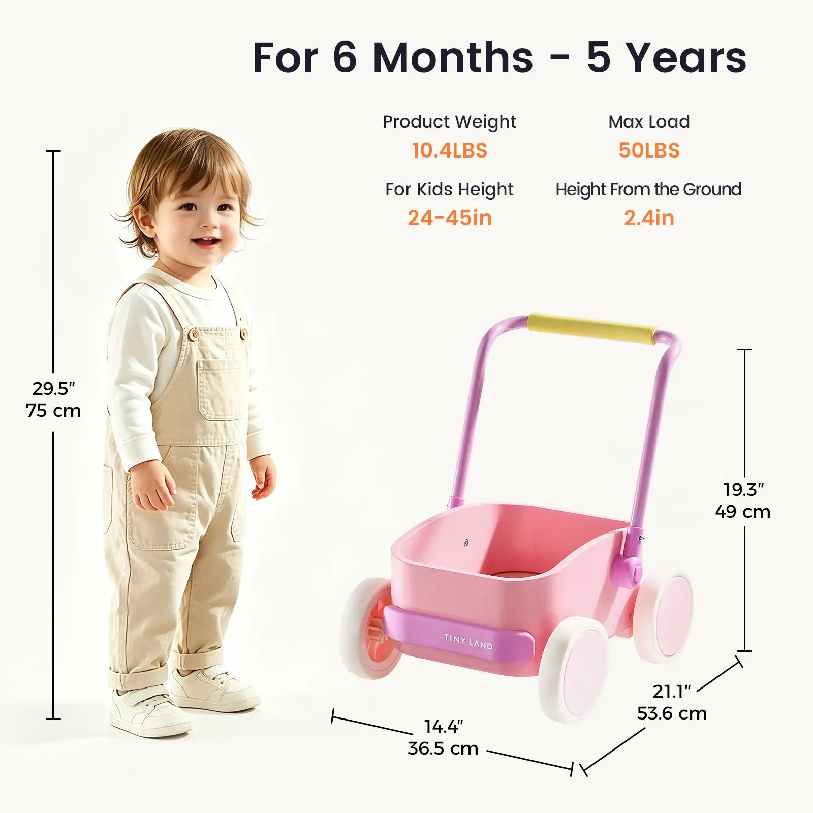 A smiling child stands by the Tiny Land® 3-in-1 Wooden Baby Walker Wagon - Pink. The walker supports up to 50 lbs, weighs 10.4 lbs, and is ideal for children aged 6 months to 5 years within recommended height limits.