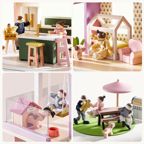 Discover four charming scenes in the Tiny Land® Sweetwood Cottage Dollhouse: a kitchen with two figures and a dog, a bedroom with a child, a playground with swing and doghouse, and a family picnic—all by Tiny Land.|Pink