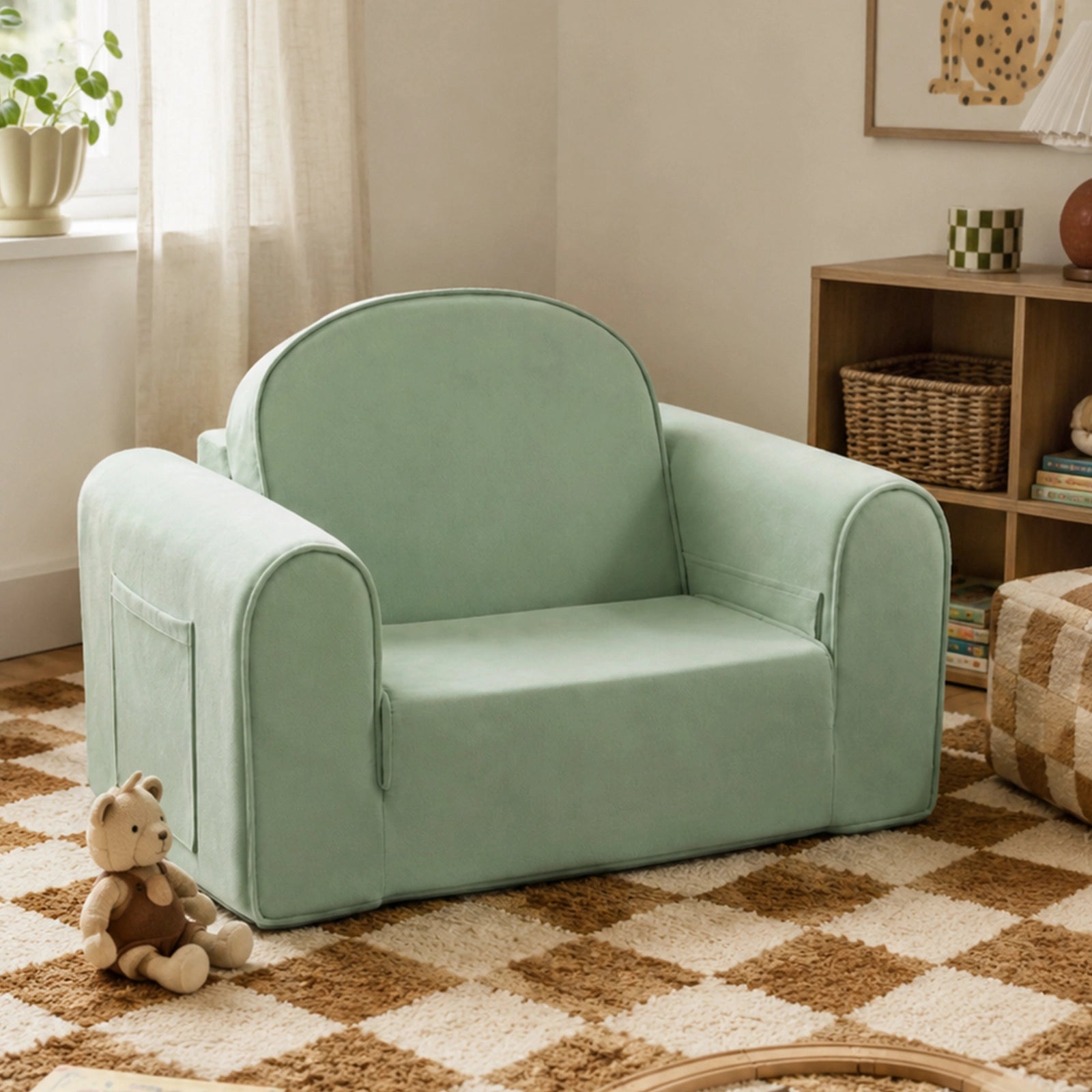 The Tiny Land® GentleSnug Kids Sofa Chair in pastel green sits on a checkered beige and white rug, with a small teddy bear beside it and a shelf of books and toys in the background.