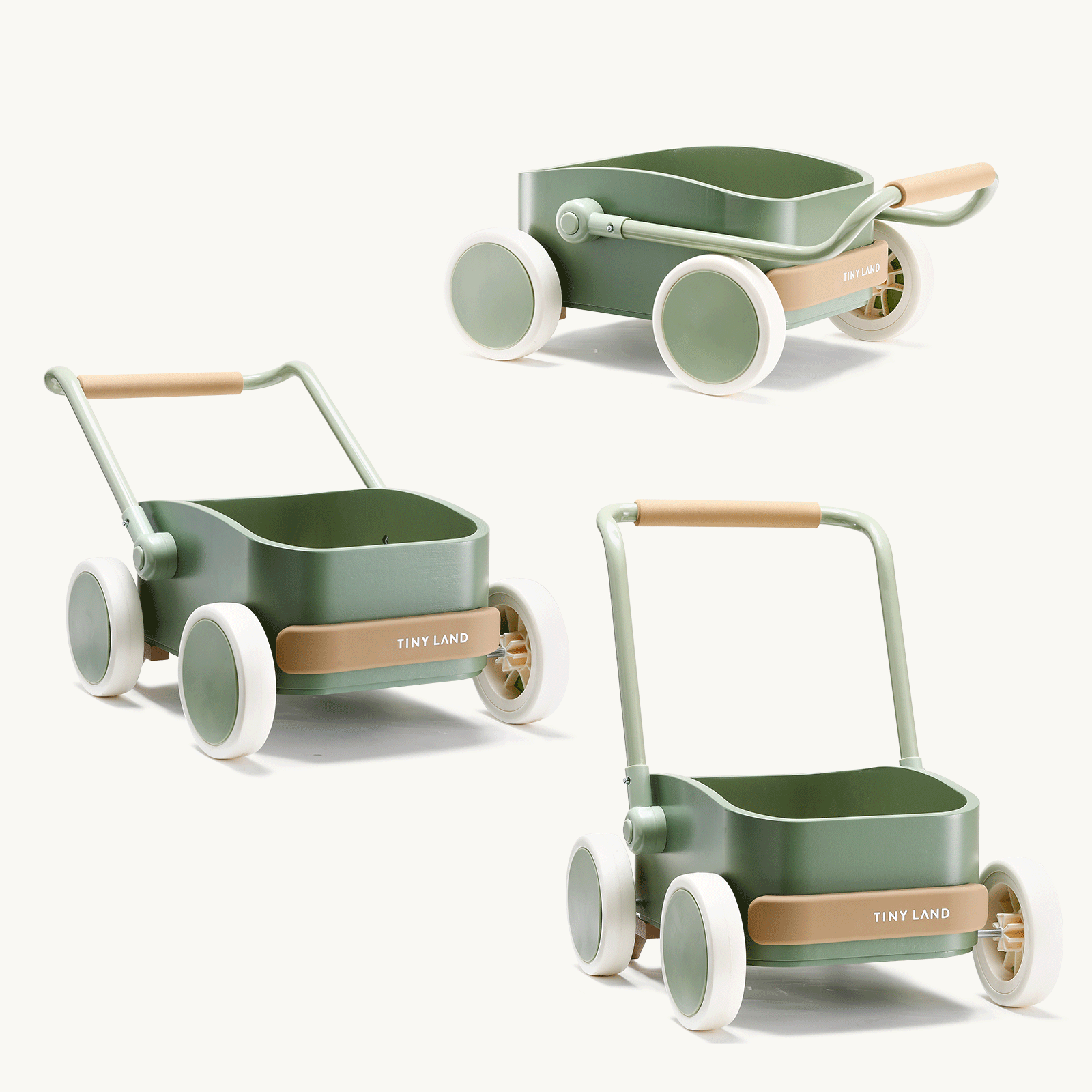 Three views of the Test Tiny Land® JoyRide Baby Walker with Blocks - Sage, featuring four white wheels, a handle, open storage, adjustable speed control, and displayed from multiple angles on a plain background.