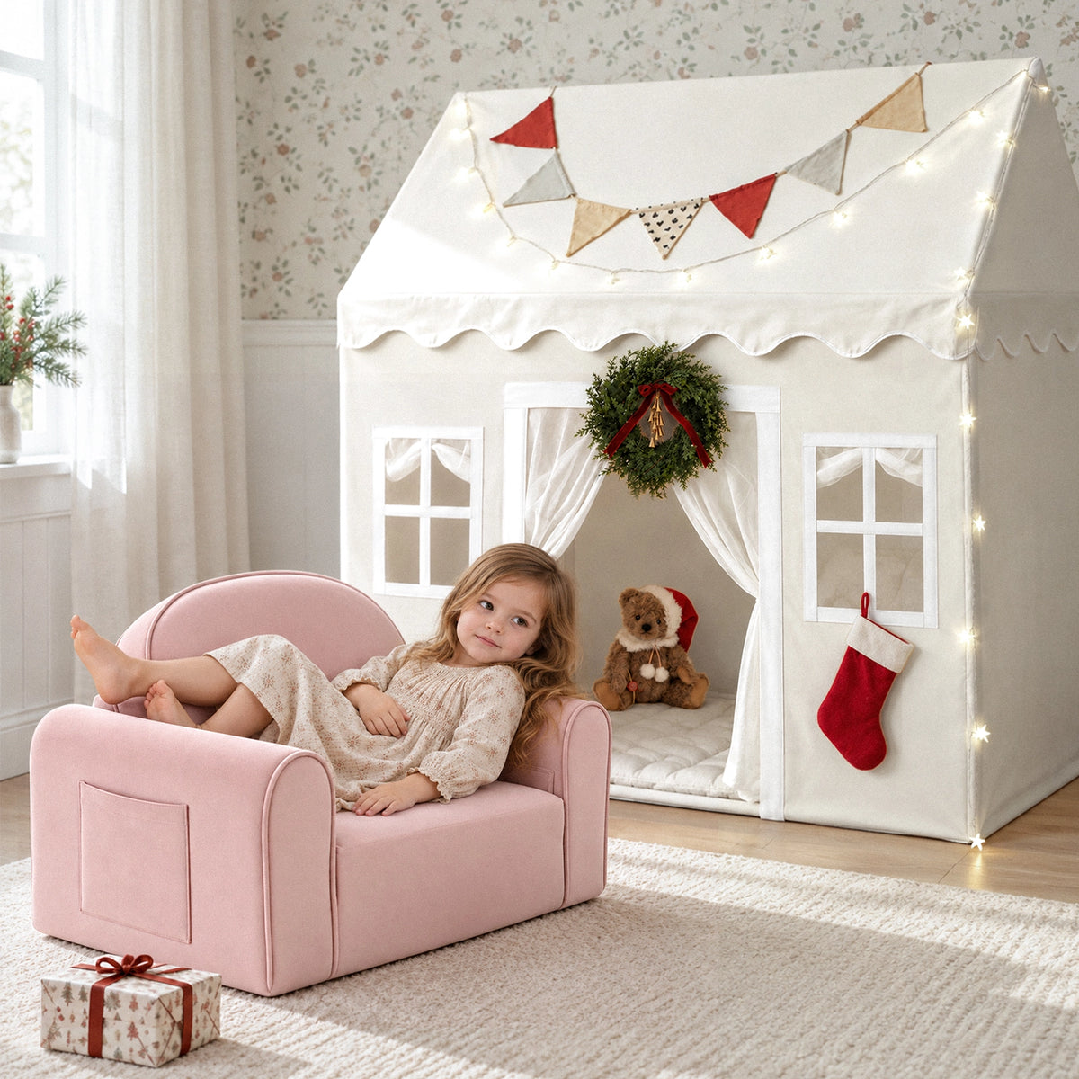 A young girl lounges in a pink Tiny Land® Cozy Nook – GentleSnug Chair & Playhouse Tent, decorated with a festive wreath, bunting, and string lights to create a cozy kids reading nook.|White