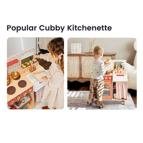 Two young children play with the Tiny Land® Wooden Play Kitchen for Toddlers - Honey Kitchenette Pretend Cooking Set by Tiny Land, enjoying its interactive design complete with wooden pots, pans, and play food, in a cozy, well-lit room featuring a cabinet and charming decor in the background.|Mediterranean