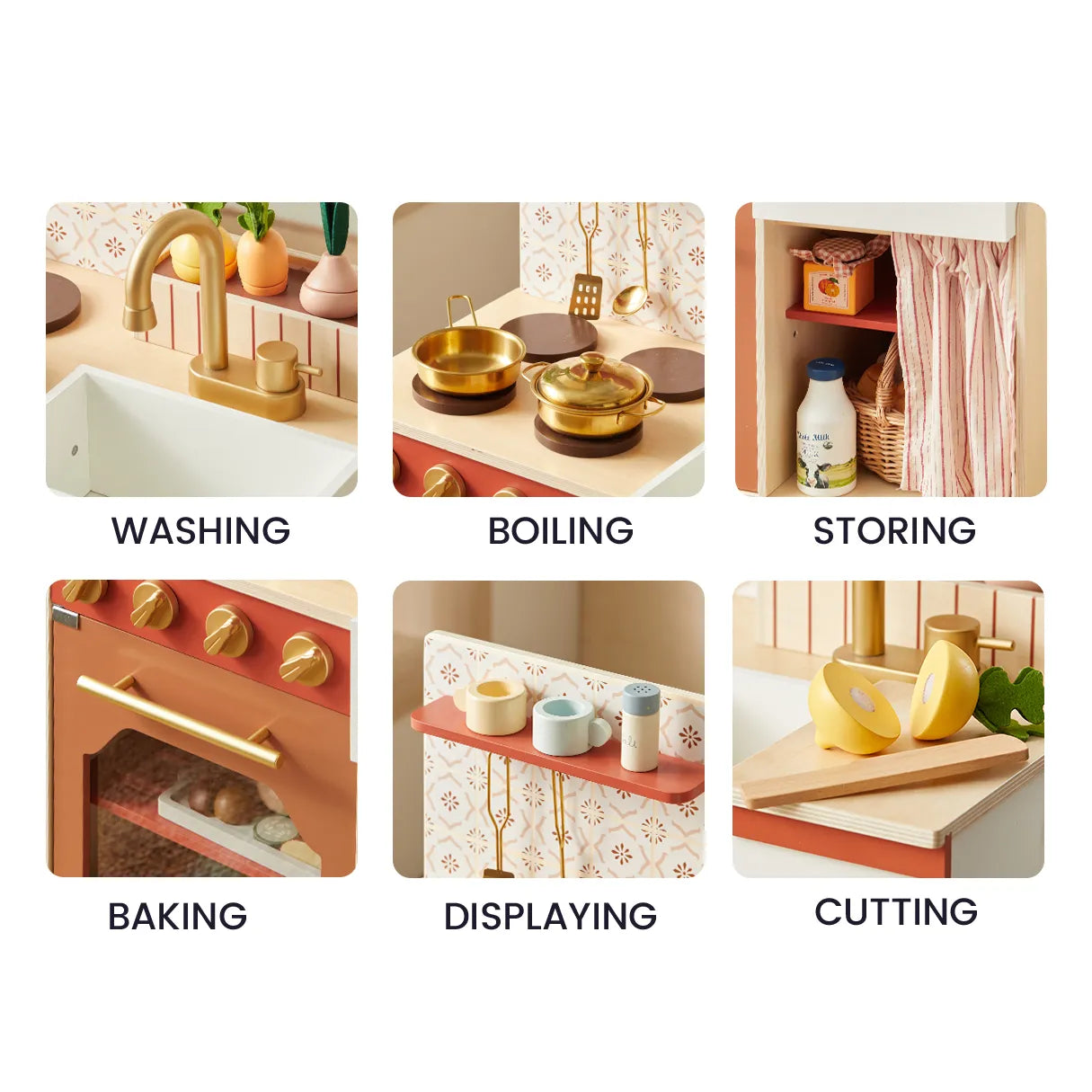 Six labeled images highlight activities with the Tiny Land® Wooden Play Kitchen for Toddlers - Honey Kitchenette Pretend Cooking Set by Tiny Land: washing dishes at the sink, boiling pots on the stove, storing food in a cabinet, baking in the oven, displaying cups on a shelf, and cutting toy food on the counter. This interactive play kitchen features realistic details and pairs perfectly with any play food set to encourage imaginative role-play.|Mediterranean