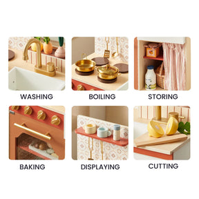 Six labeled images highlight activities with the Tiny Land® Wooden Play Kitchen for Toddlers - Honey Kitchenette Pretend Cooking Set by Tiny Land: washing dishes at the sink, boiling pots on the stove, storing food in a cabinet, baking in the oven, displaying cups on a shelf, and cutting toy food on the counter. This interactive play kitchen features realistic details and pairs perfectly with any play food set to encourage imaginative role-play.|Mediterranean