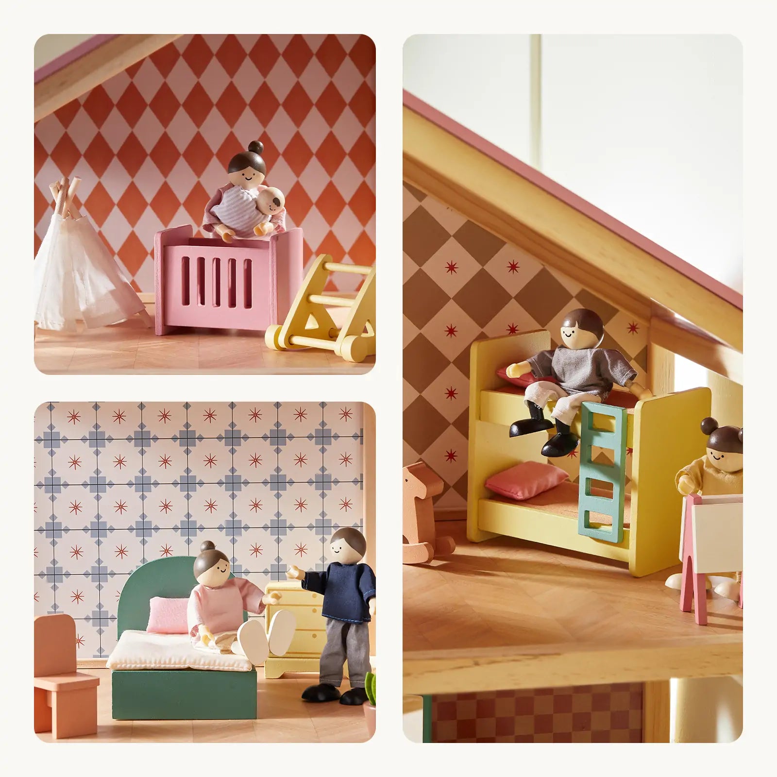 The Tiny Land® Sweetwood Pegasus Dollhouse features three rooms with patterned wallpaper: a nursery with crib and doll, a bedroom with green bed and poseable family dolls, and a kids’ room with bunk beds. Includes Tiny Land wooden dolls.