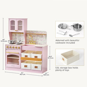 The Tiny Land® Wooden Play Kitchen with Storage for Creative Toddlers features pink floral wallpaper, pretend cookware on a stove, four clearly labeled storage bins, and elegant gold knobs. Insets display the included metal cookware set and a cream-colored storage box, showcasing the multifunctional storage options of this versatile play kitchen from Tiny Land. Product dimensions are provided for convenience.|Sakura Pink