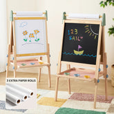 A Tiny Land® Morandi 3-in-1 Art Easel & Paper Roll Set featuring two wooden easels with a white board and a chalkboard, plus an inset showing three extra paper rolls.