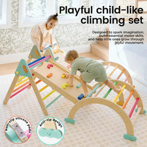 Two young children play indoors on the Tiny Land® 7-in-1 Rainbow Pikler Triangle Set by Tiny Land. This colorful set includes arches, ladders, and a reversible ramp, plus non-slip silicone pads and an anti-tip design in a sunlit, cozy room.
