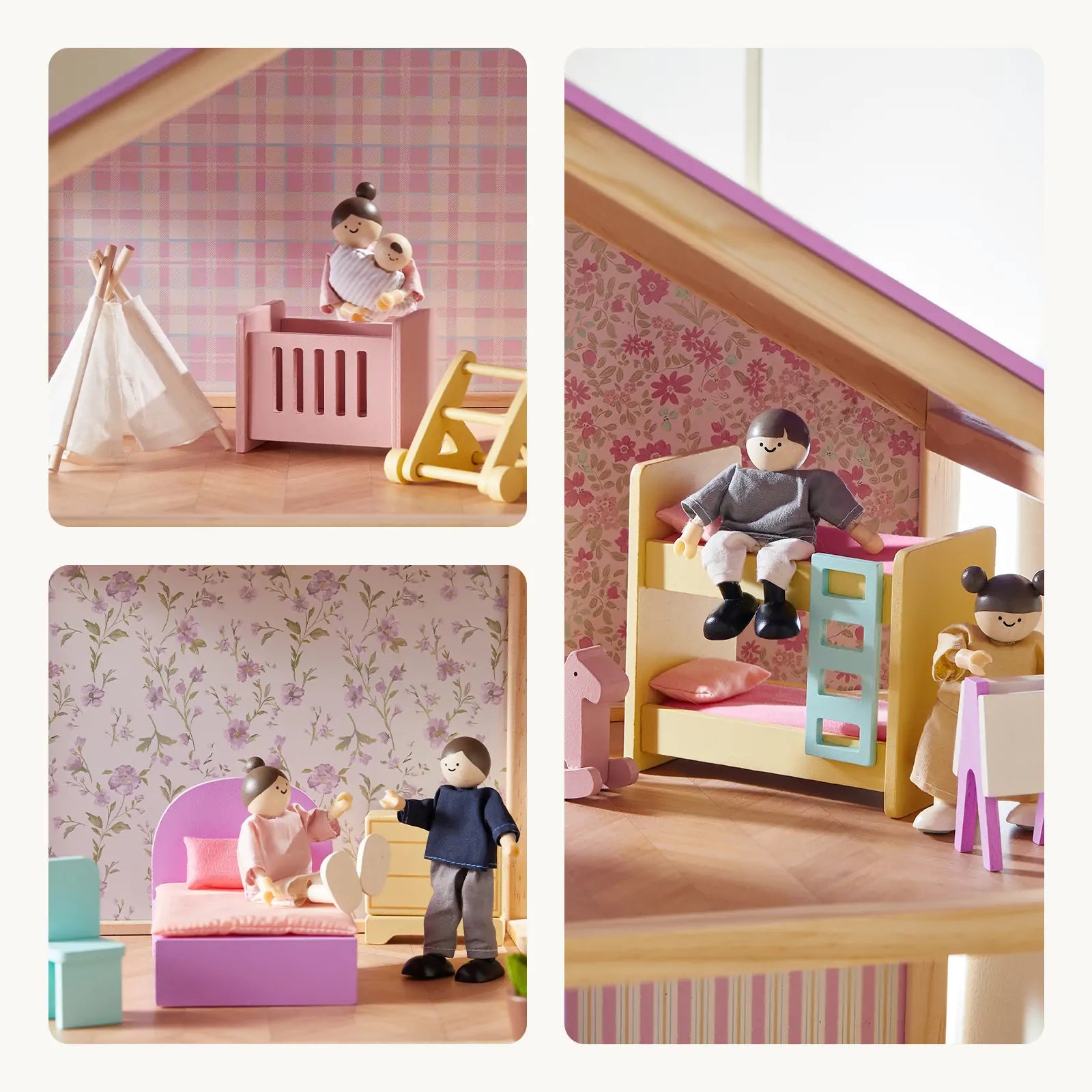 Tiny Land® Sweetwood Unicorn Dollhouse by Tiny Land features wooden rooms: nursery with crib, stroller, teepee; bedroom with pink bed; kids’ room with bunk beds and poseable dolls. A perfect addition to any Unicorn dollhouse collection.