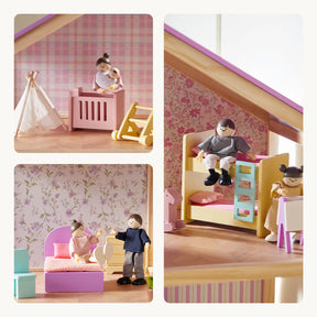 Tiny Land® Sweetwood Unicorn Dollhouse by Tiny Land features wooden rooms: nursery with crib, stroller, teepee; bedroom with pink bed; kids’ room with bunk beds and poseable dolls. A perfect addition to any Unicorn dollhouse collection.