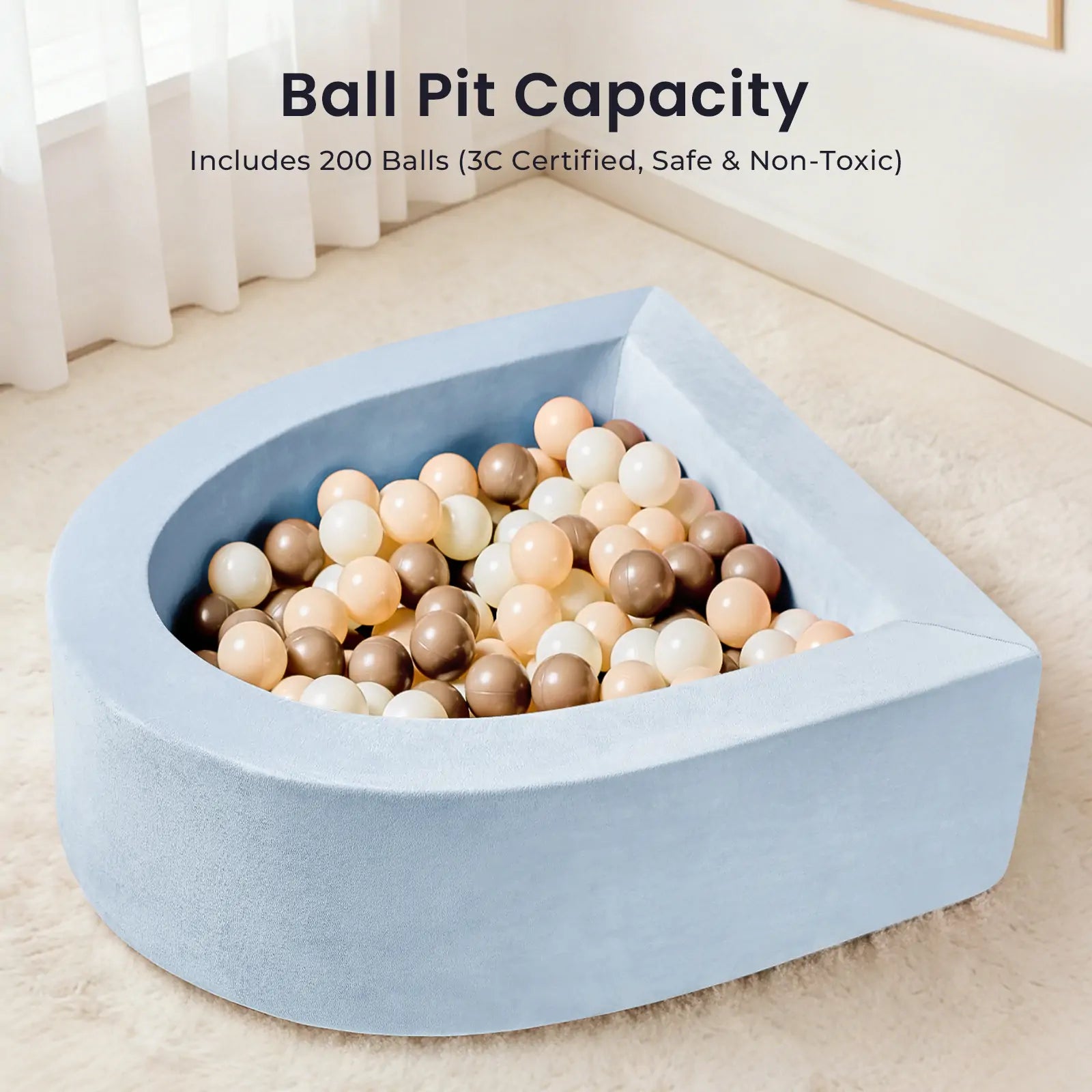 The Tiny Land® PlayNest Climbing & Ball Pit Set - Blue by Tiny Land INC is a soft, light blue semi-circular nest and ball pit combo with 200 safe, non-toxic pastel balls in white, beige, and brown. Perfect for sensory play; features “Ball Pit Capacity” above.|blue