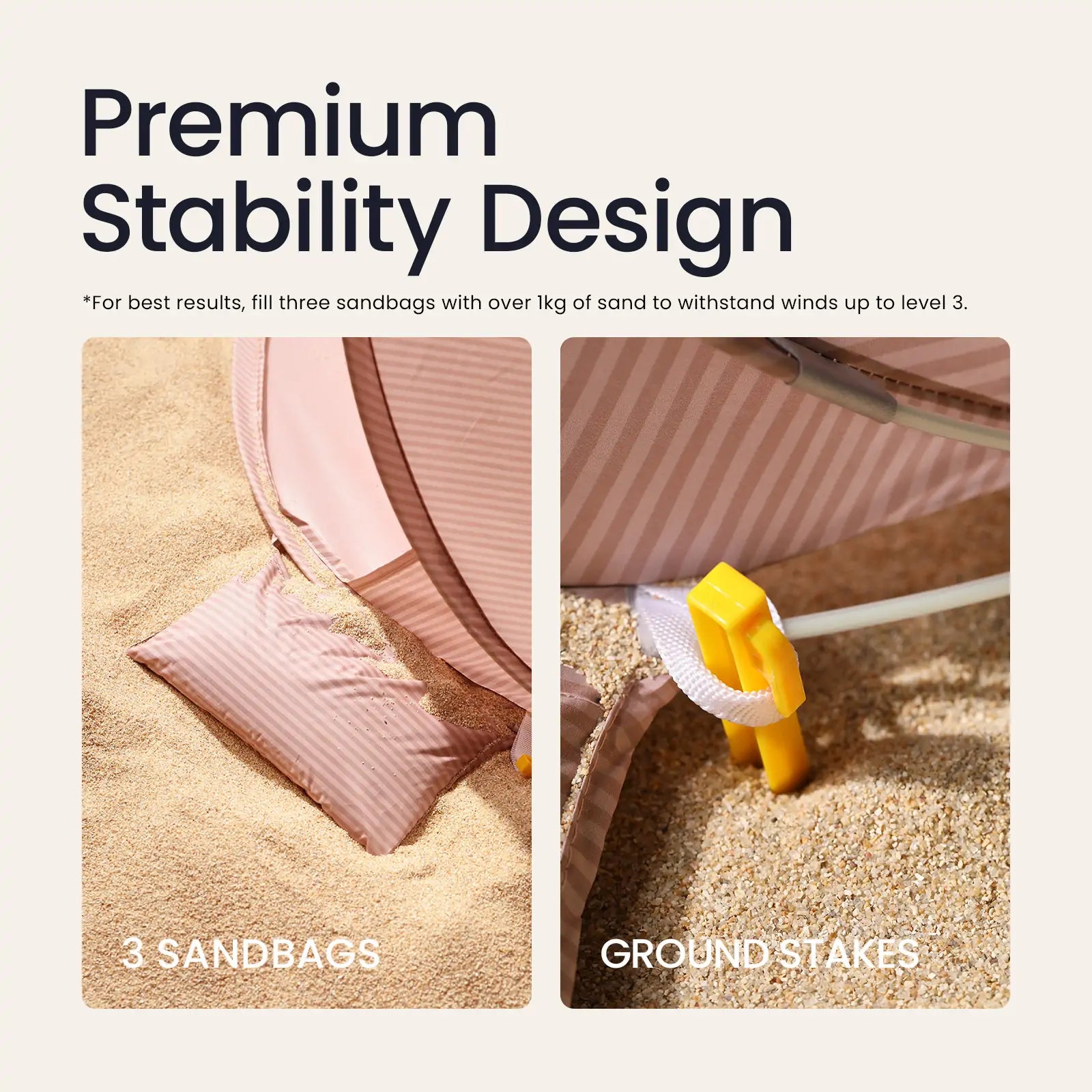 Two close-up images show the Tiny Land® One-Stop Beach Toy & Tent Set – Blush Pink with UV protection, secured by sandbags and yellow stakes. Text highlights its Premium Stability Design and tips for anchoring in windy conditions.