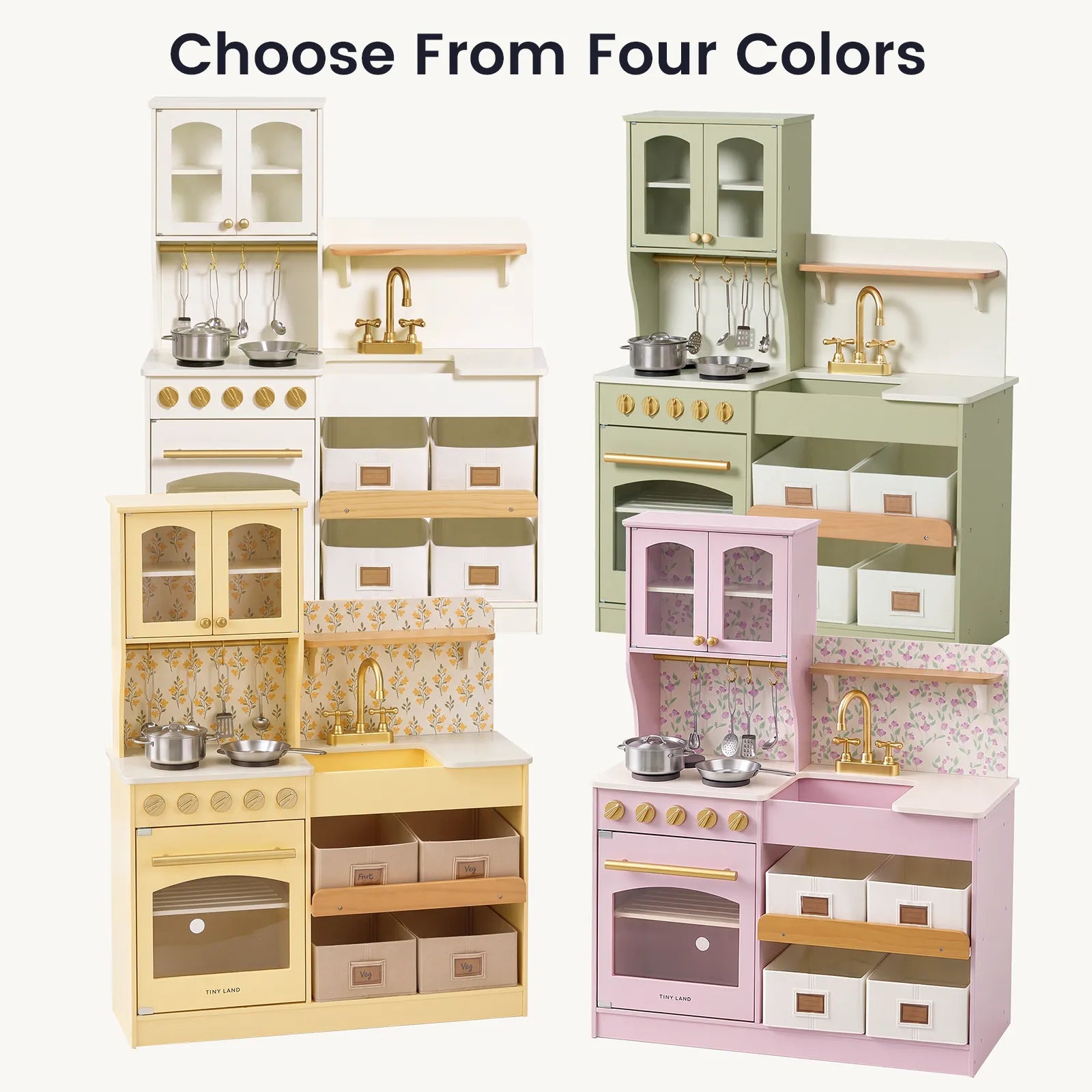 Four Tiny Land® Wooden Play Kitchens with Storage for Creative Toddlers are displayed in white, green, yellow, and pink. Each multifunctional set by Tiny Land features cabinets, shelves, a sink, stove, pretend cookware accessories, and decorative backsplashes. Text above reads: Choose From Four Colors.
