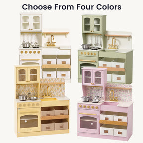 Four Tiny Land® Wooden Play Kitchens with Storage for Creative Toddlers are displayed in white, green, yellow, and pink. Each multifunctional set by Tiny Land features cabinets, shelves, a sink, stove, pretend cookware accessories, and decorative backsplashes. Text above reads: Choose From Four Colors.