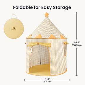 Tiny Land® Kids Tent in a beige and white checkered pattern shown next to its circular storage bag, with labels indicating a height of 54.5 inches and a width of 41.3 inches for this cozy playhouse.|Yellow
