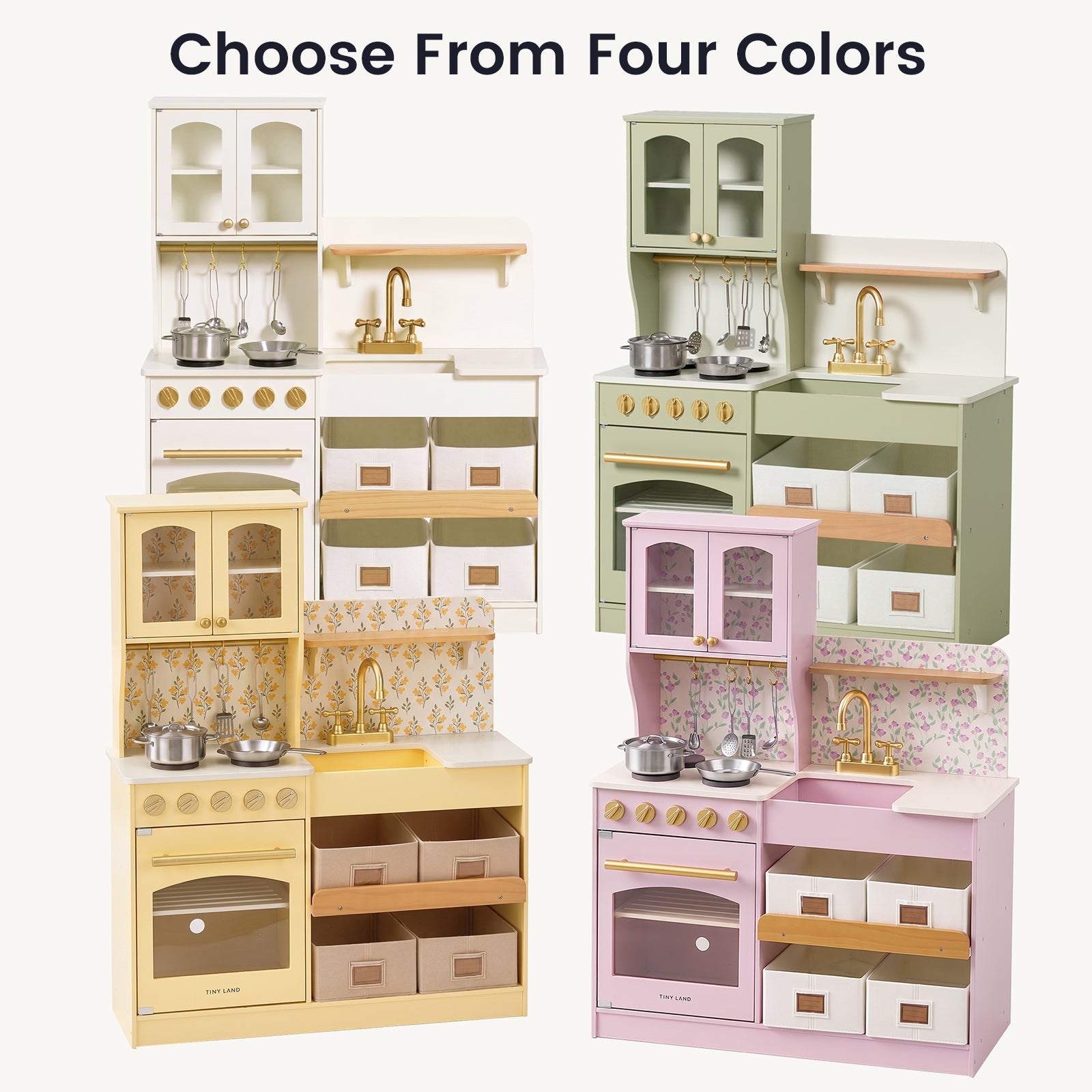 Choose From Four Colors The Tiny Land® Wooden Play Kitchen with Storage for Creative Toddlers is available in yellow, green, pink, and white. Each eco-friendly playset by Tiny Land features cabinets, shelves, a sink, stove, oven, and pretend cookware accessories—plus multifunctional storage to keep everything organized.