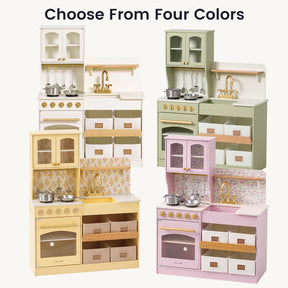 Choose From Four Colors The Tiny Land® Wooden Play Kitchen with Storage for Creative Toddlers is available in yellow, green, pink, and white. Each eco-friendly playset by Tiny Land features cabinets, shelves, a sink, stove, oven, and pretend cookware accessories—plus multifunctional storage to keep everything organized.