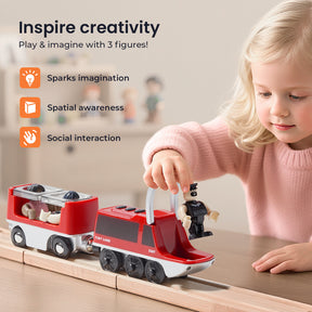 A child in a pink sweater enjoys interactive play with the Tiny Land® Dual-Color Electric Toy Train, guiding it on wooden tracks. Icons highlight benefits: sparks imagination, builds spatial awareness, and encourages social interaction. Inspire creativity!.|Red