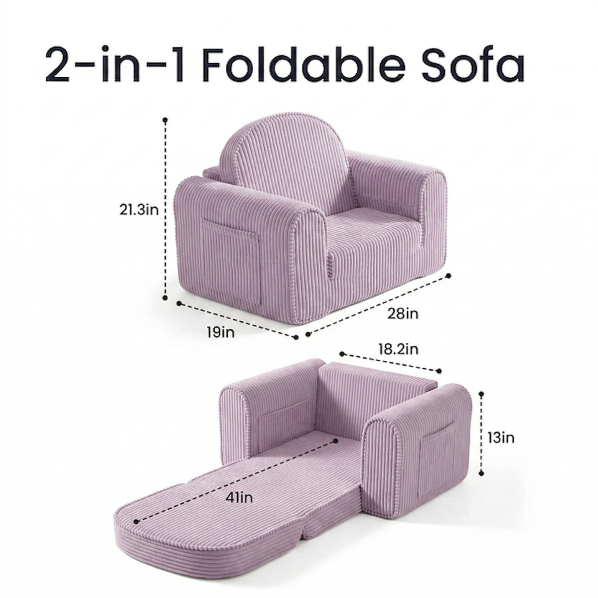 The Tiny Land® GentleSnug Kid Chair in purple is a 2-in-1 corduroy sofa bed for toddlers, measuring 21.3”H x 28”W x 19”D as a chair and unfolding to 41”L x 18.2”W x 13”H as a lounge seat.