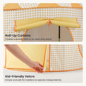 Two panels showing a yellow and white gingham Tiny Land® Kids Tent: the top panel displays the roll-up door flaps, and the bottom panel shows a hand securing the door with velcro to create a cozy reading nook.|Yellow