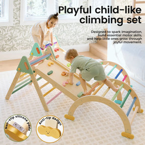Two kids play on the Tiny Land® 7-in-1 Morandi Pikler Triangle Set with colorful holds, rails, and a reversible ramp. Non-slip pads and anti-tip design ensure safety, making this Tiny Land set ideal for children.