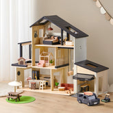 Tiny Land® Sweetwood Edge Dollhouse & Wooden Dollhouse Garage featuring multiple furnished rooms, an attached garage, a miniature picnic set on a green mat, a toy car, and a lawnmower.