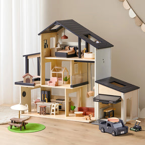 Tiny Land® Sweetwood Edge Dollhouse & Wooden Dollhouse Garage featuring multiple furnished rooms, an attached garage, a miniature picnic set on a green mat, a toy car, and a lawnmower.