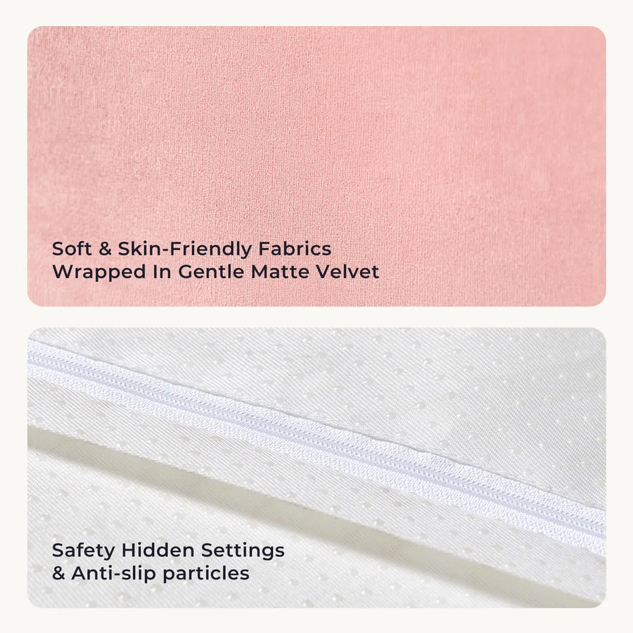 Close-up of the pink matte velvet fabric featured on the Tiny Land® PlayNest Soft Foam Ball Pit, perfect for adding a luxurious, soft touch to any play or sensory area—text highlights its plush feel. Below, the white base fabric with a visible zipper and textured anti-slip backing is shown, with text emphasizing enhanced safety thanks to specialized anti-slip particles designed by Tiny Land. This ensures that climbing blocks or play zones stay securely in place during active fun.|Pink