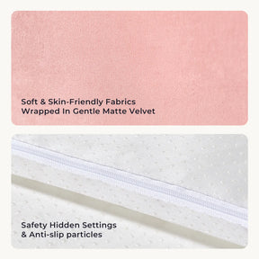 Two close-up images: the top shows soft pink matte velvet, the bottom reveals white anti-slip dots and a hidden zipper—perfect details of Tiny Land® PlayNest Ball Pit (Ocean Ball Not Included), highlighting its softness, safety, and anti-slip features.|pink