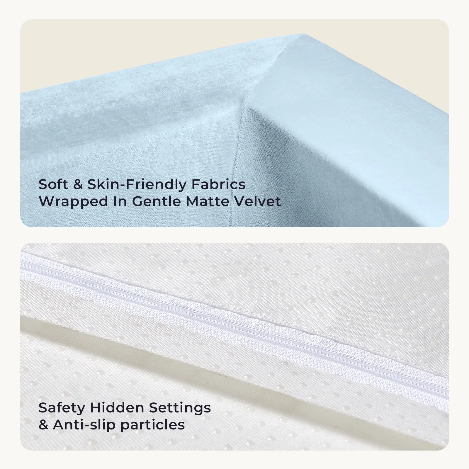 Two close-ups of the Early Bird Eggs-Tiny Land® PlayNest Ball Pit with 200 Ocean Balls by Tiny Land INC: soft blue matte velvet fabric and white fabric with zipper plus anti-slip dots—showcasing cozy texture, safety, and smart details.|blue