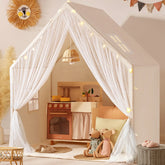 The Tiny Land® Large Space Play House with Star Lights features sheer curtains, a toy kitchen set, plush mice dolls, and soft cushions—a cozy kids' playhouse by Tiny Land that's perfect for any child's room.