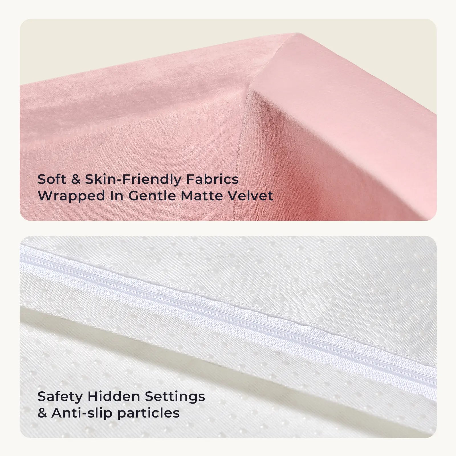 Two images: the top shows a corner of Tiny Land® PlayNest Ball Pit—perfect for toddler play—with soft matte velvet. The bottom highlights safe white fabric with zipper and anti-slip dots, ensuring secure fun with 200 Ocean Balls.|Pink
