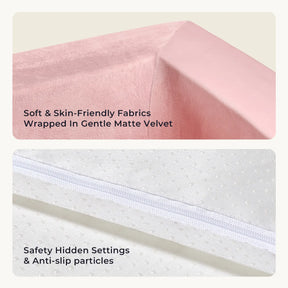 Two images: the top shows a corner of Tiny Land® PlayNest Ball Pit—perfect for toddler play—with soft matte velvet. The bottom highlights safe white fabric with zipper and anti-slip dots, ensuring secure fun with 200 Ocean Balls.|Pink