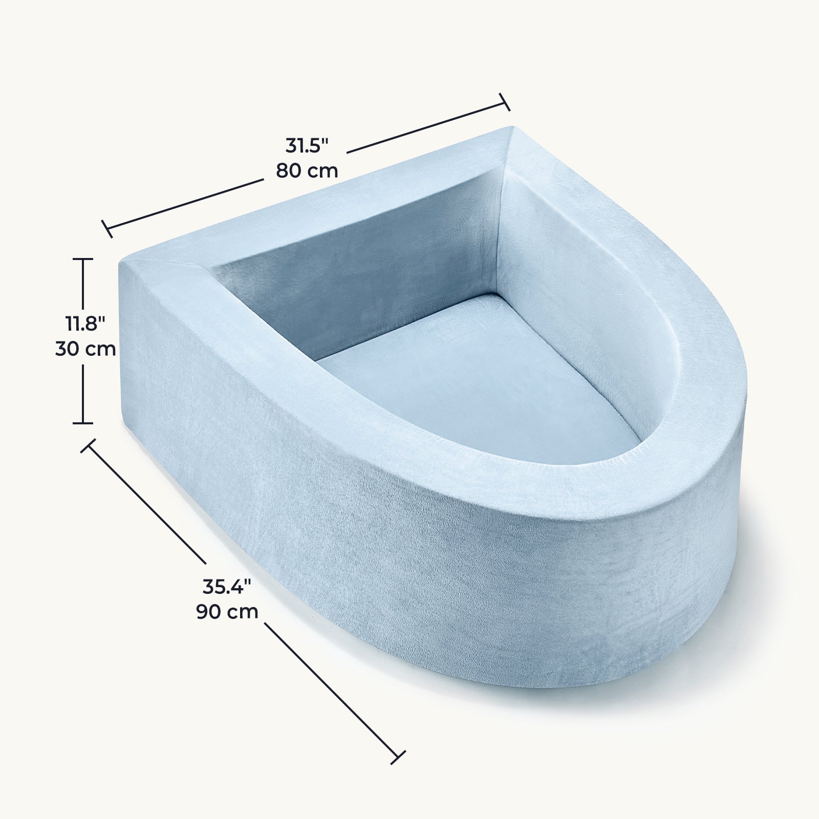 A light blue, plush, U-shaped Tiny Land® PlayNest Ball Pit (ocean balls not included) by Tiny Land, measuring 35.4" x 31.5" x 11.8", is shown on a plain off-white background.|blue