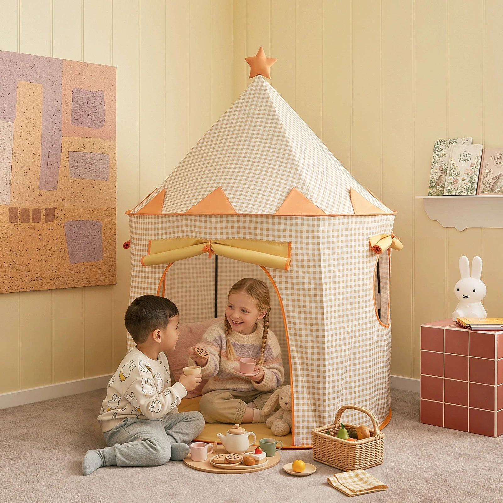 Two children sit on the floor playing with a tea set inside a beige and white gingham Tiny Land® Kids Tent.|Yellow