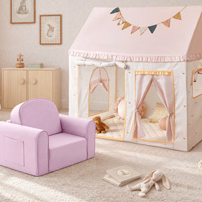 A pink and cream Tiny Land® Cozy Nook – Playhouse Tent & GentleSnug Kid Chair with a matching lavender armchair in front, set on a carpeted floor.|Pink