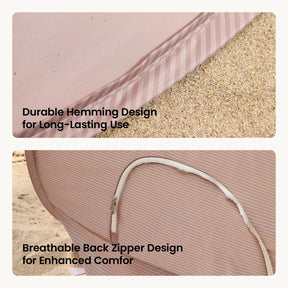Two close-up images display the Tiny Land® 4-in-1 Baby Beach Tent & Sand Toy Set on sand. The top shot highlights durable hemming, while the bottom reveals a white zipper for breathability and comfort—ideal for sand and water play.|Pink