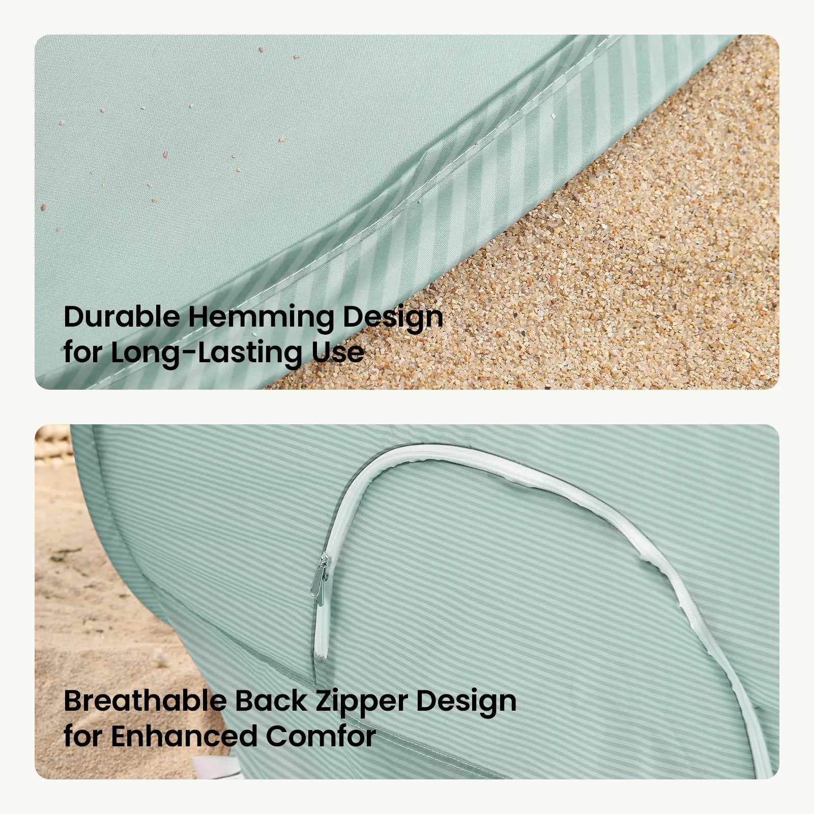 Two close-ups of Tiny Land® 4-in-1 Baby Beach Tent & Sand Toy Set: top shows durable hemming, bottom highlights a breathable back zipper. Descriptive text overlays each image—perfect for comfortable sand and water play.|Green