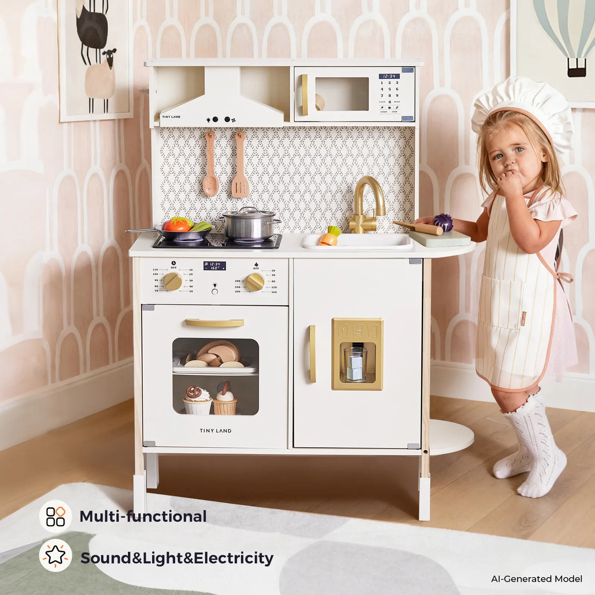A young child in a chef hat and apron stands beside the Tiny Land® PopJoy Play Kitchen, a charming white wooden set by Tiny Land with gold accents. The play kitchen features a stove, oven, sink, and toy food for endless pretend play. Behind the set is elegant arch-patterned wallpaper that adds to the delightful scene.
