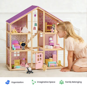 A young girl kneels by the Tiny Land® Sweetwood Dollhouse without Dolls from Tiny Land, a timeless wooden playset complete with charming furniture, smiling as she immerses herself in imaginative play. Three labeled icons below read: Organization, Imaginative Space, Family Belonging.|Unicorn