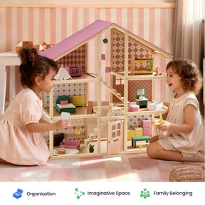 Two young children play with the Tiny Land® Sweetwood Dollhouse without Dolls, enjoying imaginative moments together as they explore its colorful furniture. Smiling and interacting in a cozy, pastel-themed room with striped wallpaper, they discover endless joy through this classic Tiny Land toy designed to spark creative play.|Pegasus