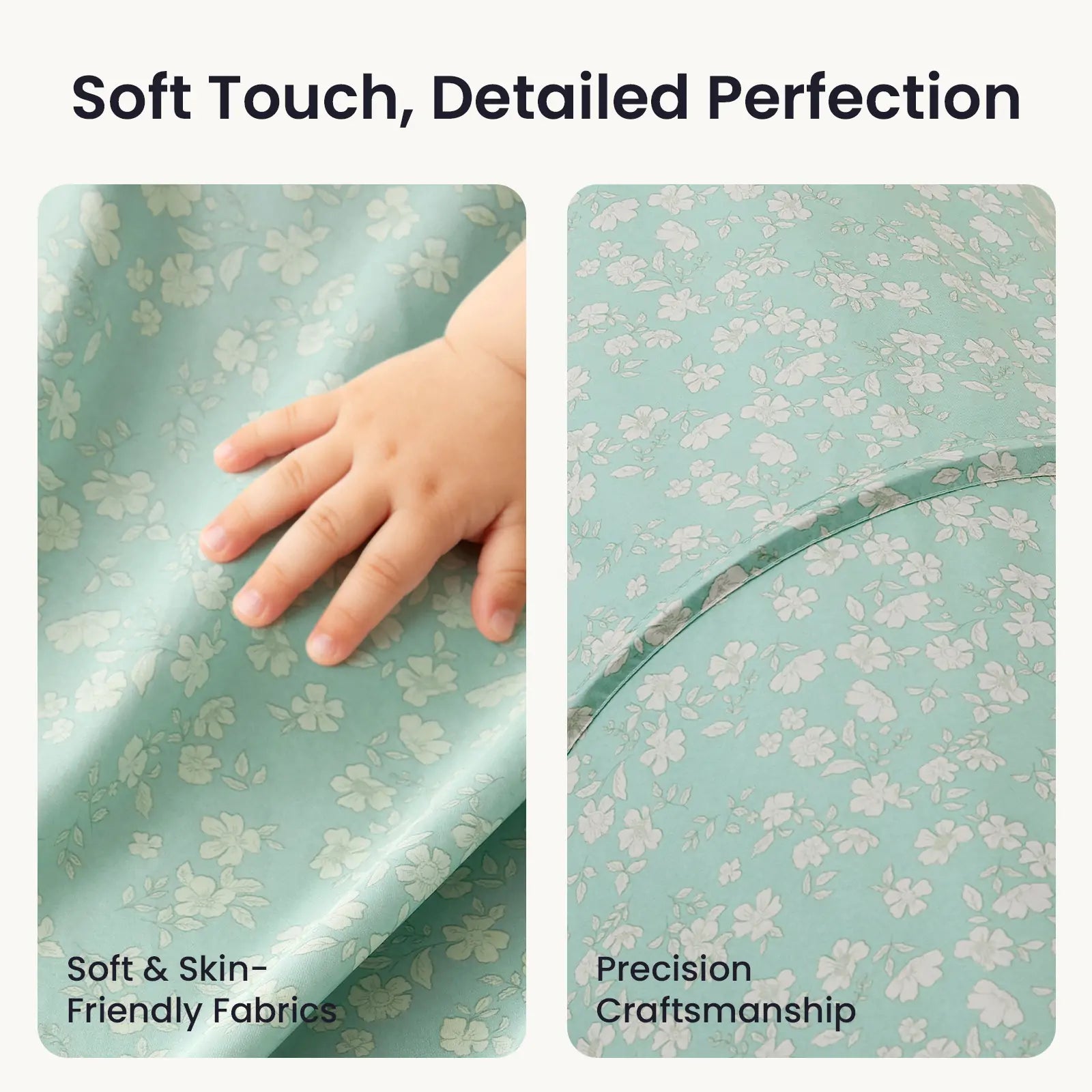 A baby’s hand touches the soft, light teal fabric with a white floral pattern of the Tiny Land® Adventure Play Tunnel - Green on the left; right shows close-up of detailed stitching. Text: “Soft Touch, Detailed Perfection.” Brand: Tiny Land.|green