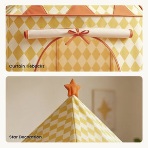 Top: Close-up of yellow and white diamond-patterned fabric with red tiebacks from the Tiny Land® Tiny Sunshine Castle Tent. Bottom: The tent’s pointed roof features the same pattern and an orange star decorates the top.